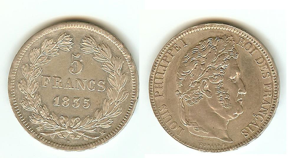 5 Francs Louis Philippe I 1835K Bordeau virtually Unc.